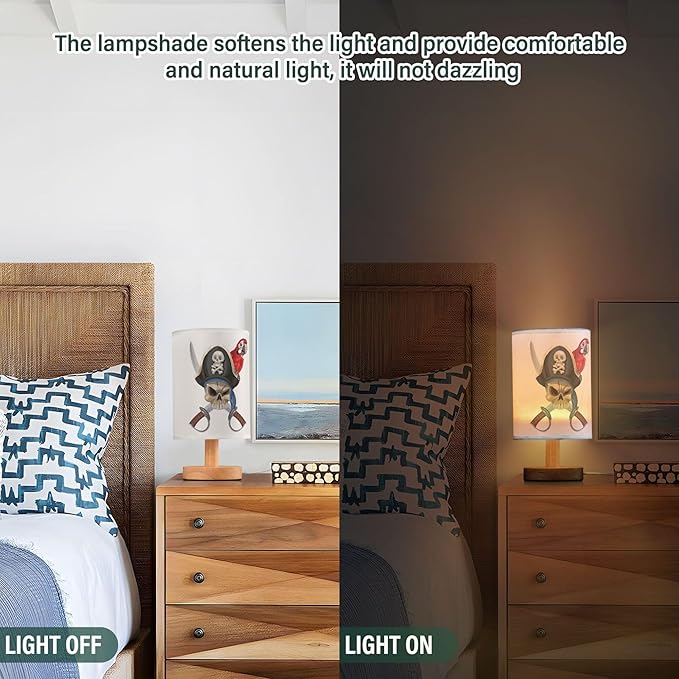 Table Lamp Pirate Skull with Sword Red Parrot Nightstand Lamp with Wood Base Fabric Lamp Shade Bedside Desk Lamp for Living Room Bedroom Kids Room Office