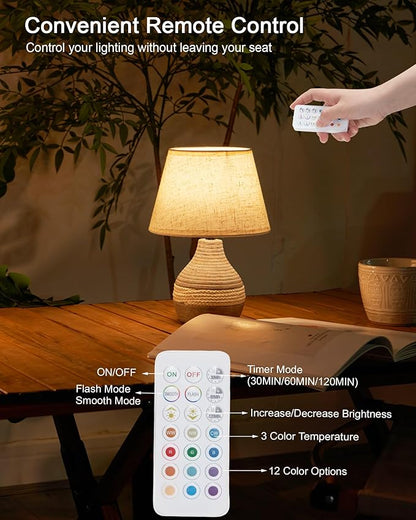 10" H Small Rechargeable Cordless Ceramic Table Lamp with Remote, RGB & Warm White Light, Timer & Dimmer, Battery Table Lamp with Linen Shade for Patio, Bedroom, Living Room, Dining Table