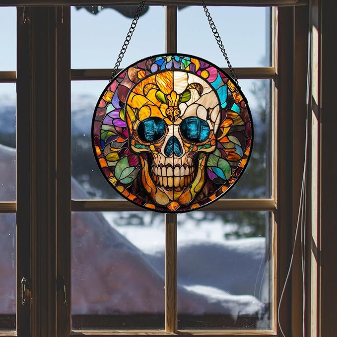 Stained Glass Window Hanging Halloween Retro European Colorful Skull 6.3" - Suncatcher Door Garden Sun Catcher Gothic Decor Birthday Horror Funny Gift for Mom Woman Nana Friend Men
