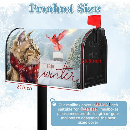 Hello Winter Oversize Magnetic Mailbox Cover - Hello Kitty Cardinal Snowy Waterproof Post Letter Cover - Rustic Snow Tree Red Bird Mailbox - Large Size 25.5" L x 21" W