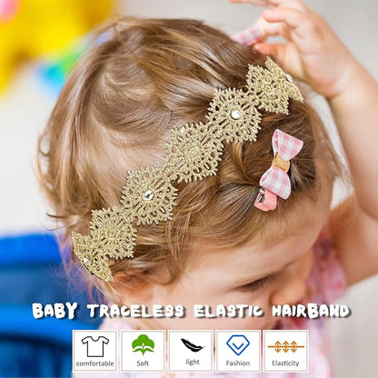 DANMY Baby Girl Super Elastic Headband,Cotton Lace Toddler Hair Band,Infant Soft Turban Hair Accessories Set (gold 1pcs)