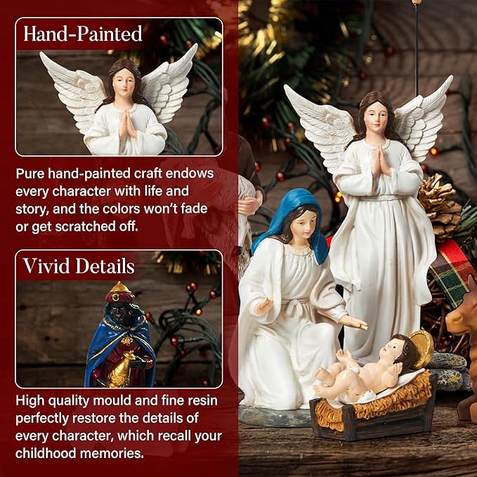 Nativity Sets for Christmas Indoor Set of 13 Pieces 7.9 Inches Tabletop Holidays Decor Nativity Scene Resin Figurines Set Religious Decorations Collection Gifts