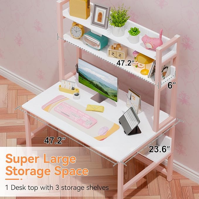 Aquzee Pink Desk with Hutch for Girls, 47in Computer Desk with Bookshelf for Teens Adults, Craft Table for Bedroom Kids Room, White Pink Study Table with Shelves for Storage