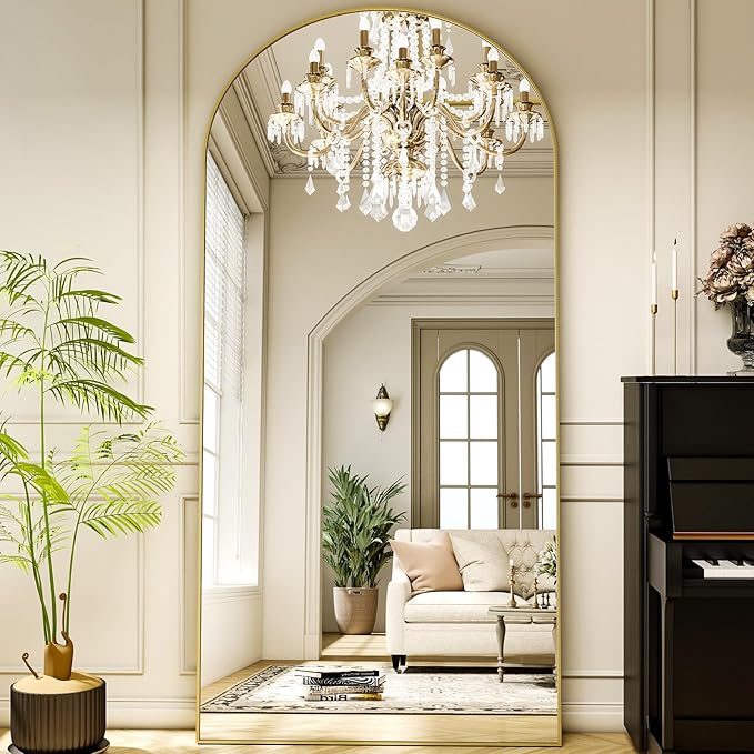 78"x38" Arched Full Length Mirror with HD Real Glass, Aluminum Frame, Shatter-Resistant, Wall Mounted or Standing, Gold Floor Mirror for Bedroom & Dressing Room