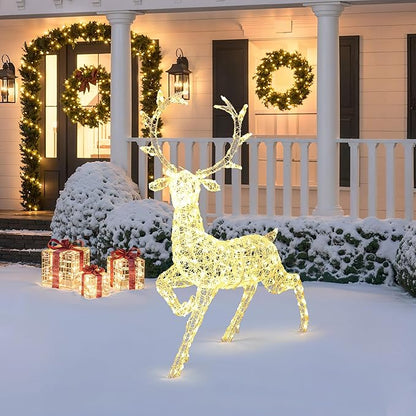 LuxenHome Lighted Reindeer Christmas Outdoor Yard Decorations, Prelit Runing Reindeer Indoor & Outdoor Christmas Decor with 300 LED Lights, Xmas Decorations for Front Porch, Lawn, Garden Display