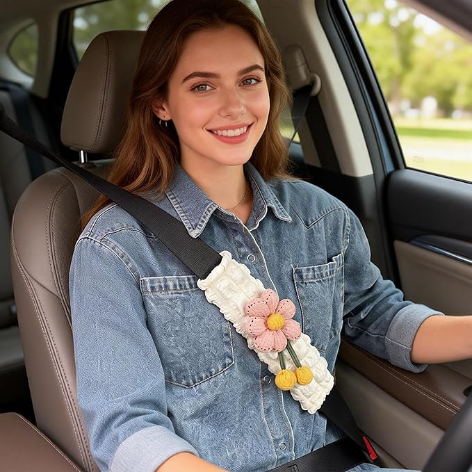 Cute Flower Seat Belt Cover Pads, 2 Pcs & 4 Pcs Seatbelt Covers for Women Adults, Car Seat Strap Pads, Seatbelt Cushion (Pink,4)
