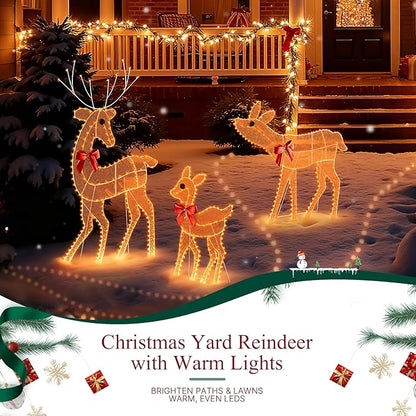 [3-Piece Reindeer Christmas Decorations Outdoor] 2D Lighted Deer Family with 260 LED Light. Durable Yard Lawn Holiday Decor, Outdoor Lighted Holiday Display for Yard Lawn Garden-White