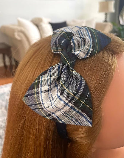 ClassExceed School Headband, Plaid bow headband, back to school, available in variety of school plaids (Plaid 80 White Green yellow, Regular)