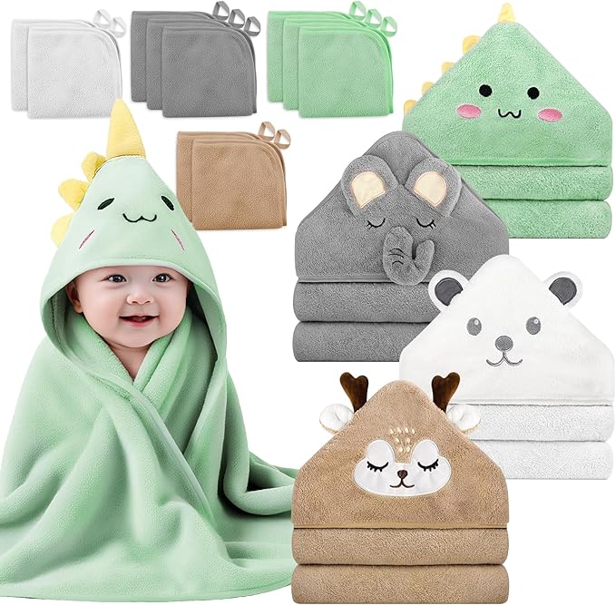 14 PCS Baby Towels Set, 4 PCS Soft Baby Hooded Towels & 10 PCS Washcloths, Baby Bath Towels for Newborns, Infants & Toddlers, Ultra Absorbent, Cute Baby Towel Gift for Boys