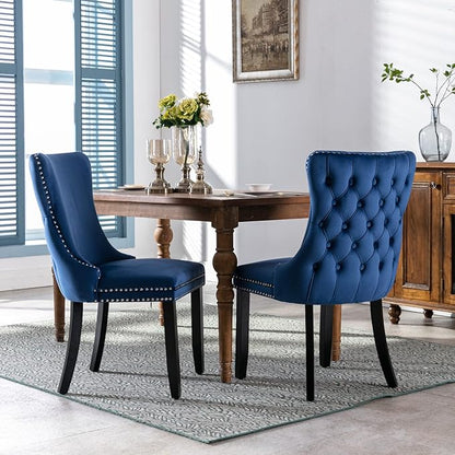 PacknWood Acosure Set of 2 Velvet Upholstered Wing-Back Dining Chair with Backstitching Nailhead Trim,Exquisite Furniture Stool W/Wood Legs,for Kitchen,Sitting Room,Blue