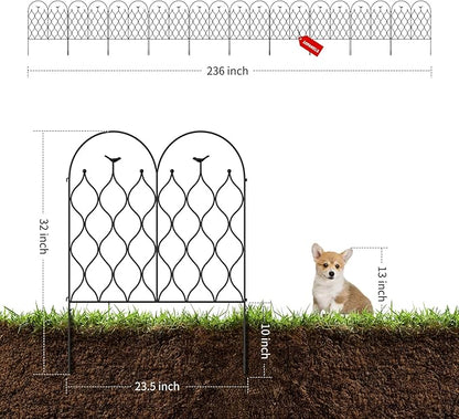 Decorative Metal Garden Fence 32 in (H) x 236 in (L), Dog Fence Outdoor for Yard, No Dig Rust-Resistant Pet Fence Panels, Easy Install Animal Barrier for Patio, Lawn & Flower Beds, (10)