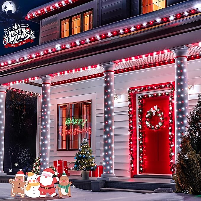 JMEXSUSS 2 Pack Red and White Solar Christmas Lights, Each 33FT 100 LED Solar String Lights Outdoor, Waterproof Solar Fairy Lights for Outside Christmas Decorations