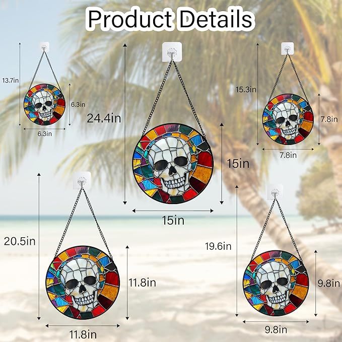 Stained Glass Window Hanging Halloween Horror White Skull Large 15" - Suncatcher Door Garden Kitchen Sun Catcher Home Gothic Decor Birthday for Mom Men Woman Friend Grandma