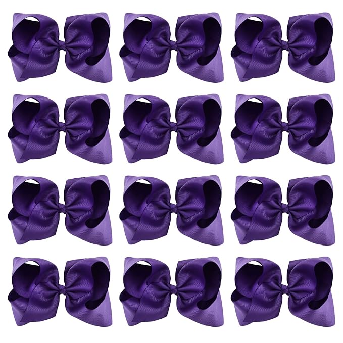 DEEKA 12 PCS 6" Big Hand-made Grosgrain Ribbon Hair Bow Alligator Clips Hair Accessories for Little Teen Toddler Girls - Purple