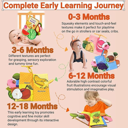 Baby Crinkle Books 0-6-12 Months, Infant Soft Cloth Tummy Time Toy for Babies 0-1-2-3-4-5-7-8-9-12-18 Month Old, Newborn Girl Boy Gift Touch Feel Sensory Fruit Theme Book Travel Stroller Toys