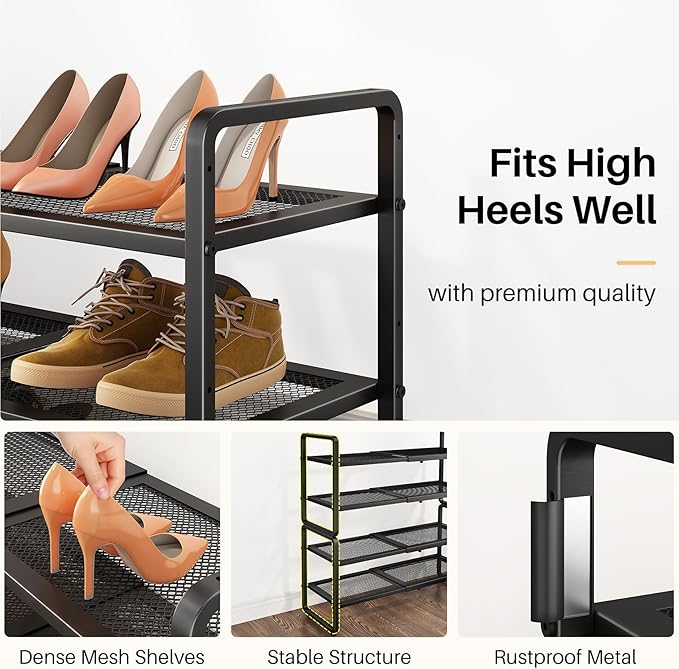 Shoe Rack - Expandable Shoe Organizer for Closet, Adjustable Metal Shoe Shelf Storage, 4 Tier Stackable Long Shoe Stand Holder for Garage, Entryway, Door Entrance, Black