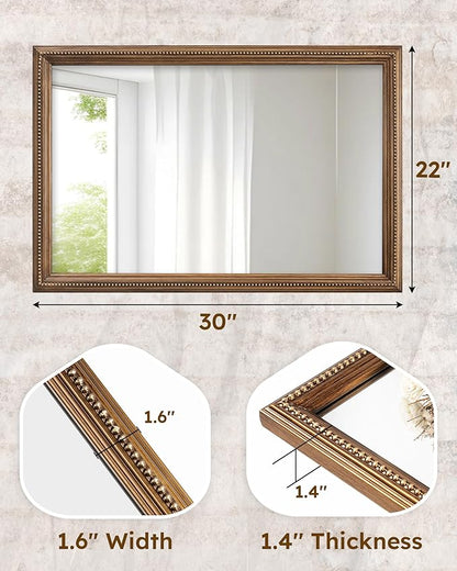 Axeman 22x30 Wood Wall Mirror, Rustic Bathroom Mirror, Vintage Wall Mounted Mirror Tempered Glass with Beaded Wooden Frame for Farmhouse Living Room Vanity Bedroom Entryway, Bronze