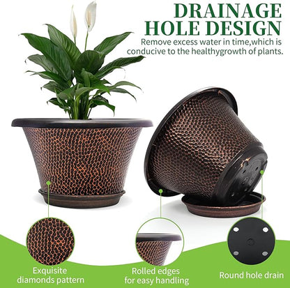 Quarut 12 Inch Pots for Plants,4 Pack Large Flower Pots with Drainage Hole & Saucer,Modern Planters for Indoor Outdoor Plants,Decorative Resin Garden Pots Brown