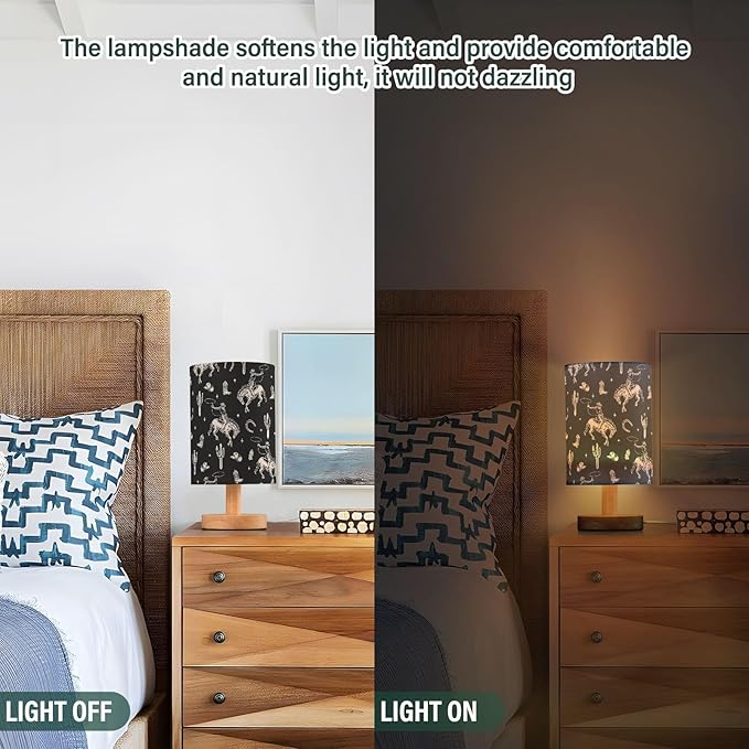 Bedside Table Lamp Western Cowboy Cactus Black Nightstand Lamp with Wood Desk Lamps for Bedroom Living Room Nursery Office Home Decor