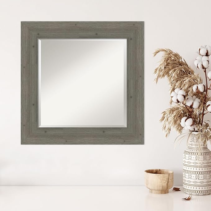 Amanti Art Grey Wall Mirror 27x27 Fencepost Grey Square Bathroom Mirror for Wall Decor Living Room, Medium Country Rustic Wood Frame, Hangs Horizonally and Vertically, Bathroom Decor, Beveled Edge