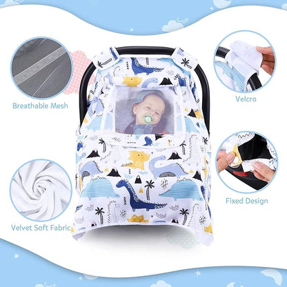 THE KENKYO Car Seat Cover for Babies, Breathable Carseat Cover for Boys Girls, Kick-Proof Infant Car Seat Canopy with Mesh Peep Window and Sun Shade, Windproof Stroller Cover for All Seasons