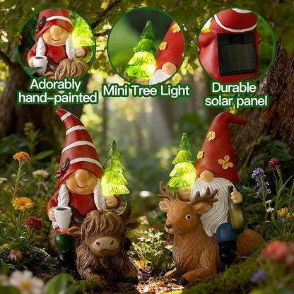 2 Pcs Gnome Garden Decor Statue Highland Cow and Reindeer, Solar LED Lights Gnomes Garden Sculpture Decorations for Yard, Gnomes Gifts for Women