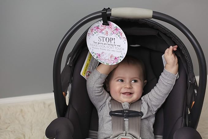(Three Little Tots) No Touching baby Car Seat and Stroller TWO PACK- Baby Safety No Touching Car Seat Sign, Stroller Sign, Newborn Car Seat Tag- CPSIA Safety Tested (Flower/Woodlands)