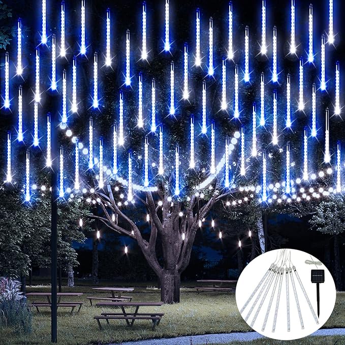 JMEXSUSS Blue and White Solar Meteor Shower Rain Lights, 30cm 8 Tube 144 LED Solar Christmas Lights for Party Holiday Yard Patio Decorations