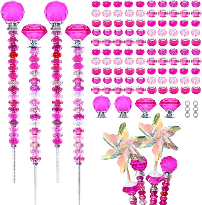 101 PCS Beaded Garden Stakes Kit, DIY Fairy Wand Garden Stake Beads Kits with Rose Red Large Hole Beads 4 Crystal Stopper Top Threaded Rods and 2 Colored Small Windmills for Outdoor Indoor Decor