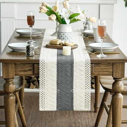 Artoid Mode Dark Grey Farmhouse Rustic Table Runner, Seasonal Holiday Hollow Kitchen Dining Table Decoration for Home Party Decor 12x36 Inch