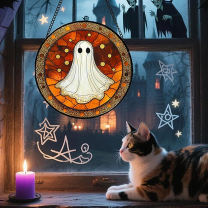 Stained Glass Window Hanging - Halloween Decorations White Ghost Suncatcher for Doors Garden Indoor Spooky Funny Orange Sun Catchers Gothic Decor Horror Gifts for Women Men Friend 9.8 in
