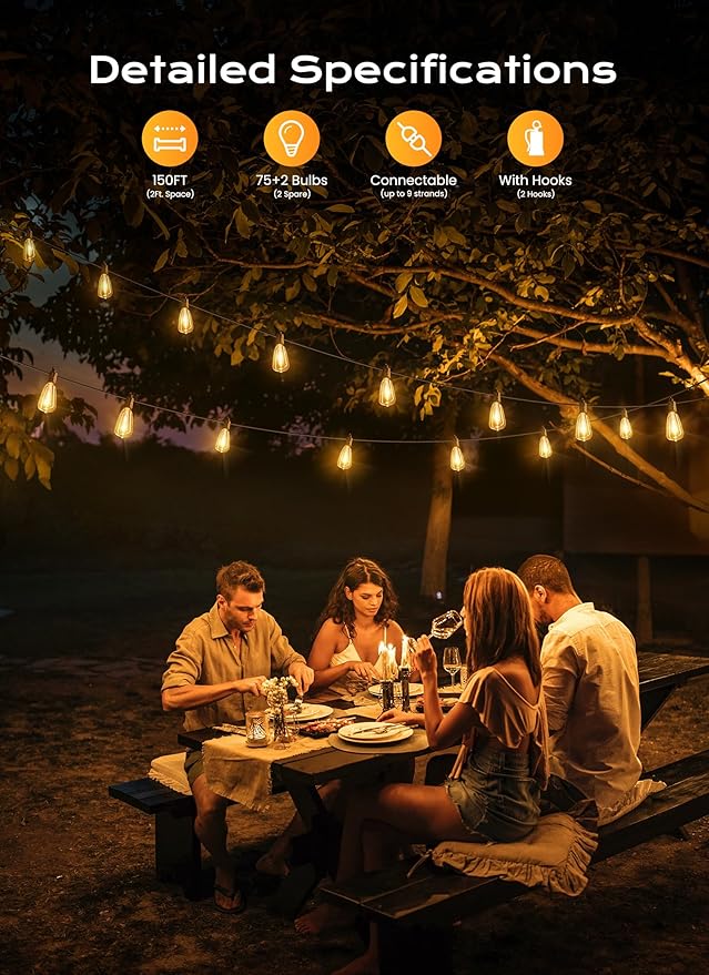 Brightown Outdoor String Lights, 150FT 75+2 LED ST38 LED Patio Lights Shatterproof, Dimmable IP65 Waterproof Connectable Hanging Outdoor Light for Backyard, Porch, Deck, Balcony
