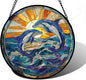 Stained Glass Window Hanging, Blue Dolphin Sun Catchers Colorful Glass Panel Sunrise Sea View Suncatcher Decor for Birthday for Women, Men, Wife, Aunt, and Mom 7.8 in