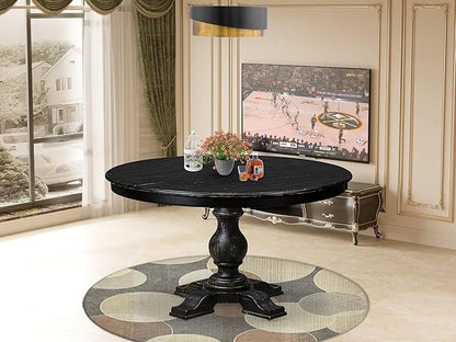 F55-11-TP - Mid Century Dining Table with Acacia Wood Round Tabletop, Sand Blasted Black Finish