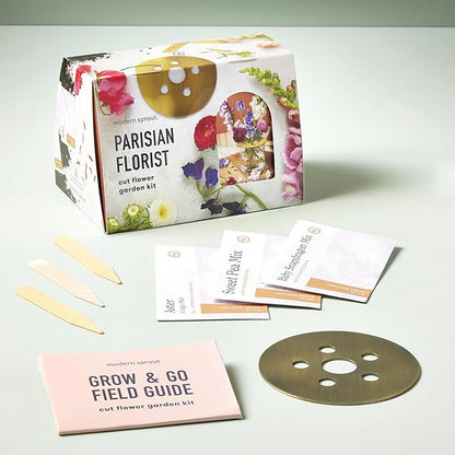 Modern Sprout Travel Trio Parisian Flower Shop; Travel-Inspired Seed Kit with Brass Flower Frog, Organic Seed Starting; Gardening Gift