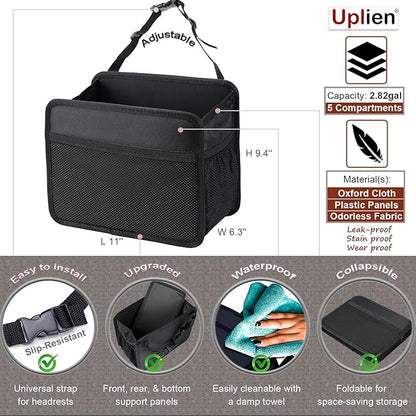 Car Seat Back Organizer Hanging Bag [2025 UPDATED] Foldable Backseat Storage Caddy with 5 Compartments & Adjustable Straps, Fits for Front/Back Headrest, Ultra-Durable - Black