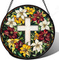 Stained Glass Window Hanging, Cross Flowers Sun Catchers Colorful Glass Panel Christianity Suncatcher Decor for Birthday for Women, Men, Wife, Aunt, and Mom 14.9x14.9 in