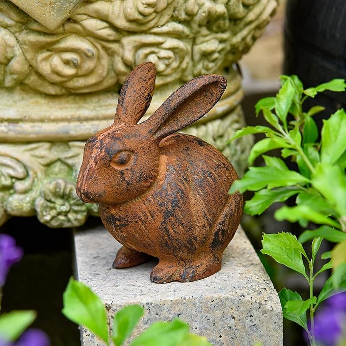 Sungmor Cast Iron Rabbit Statue, Vintage Animal Collection Figurines, Home Office Table Decor, Paperweight, Doorstop, Garden Lawn Cute Ornament, Rust Finish