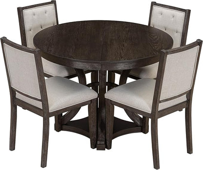 Merax 5-Piece Extendable Round Dining Table Set 42"-58" Retro Functional Table and 4 Upholstered Chairs for Dining Room and Living Room (Espresso)