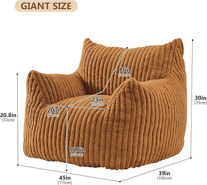 Giant Bean Bag Chairs for Adults Teens, Large Bean Bag Sofa Chairs with Filling Comfy Fuzzy BeanBag Chair with Armrests for Bedroom Living Room Reading (Brown, Large)