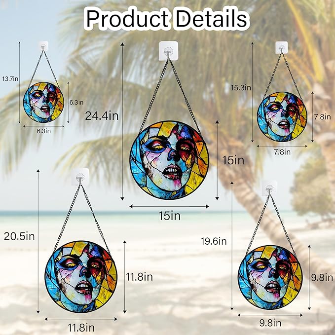 Stained Glass Window Hanging Halloween Horror Night Bloodstained Face Large 15" - Suncatcher Door Garden Sun Catcher Gothic Decor Birthday Evil Funny Gift for Mom Woman Nana Friend Men