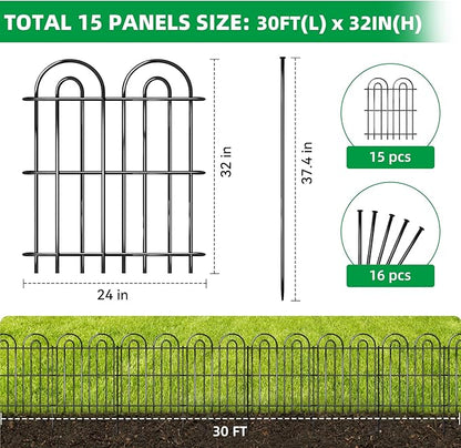 15 Panels Decorative Garden Fence, 32 in(H) X 30 ft(L) No Dig Dog Fence Outdoor for Yard, Rustproof Tall Metal Garden Fencing Animal Barrier with Ground Stakes, Temporary Fencing for Patio Outdoor