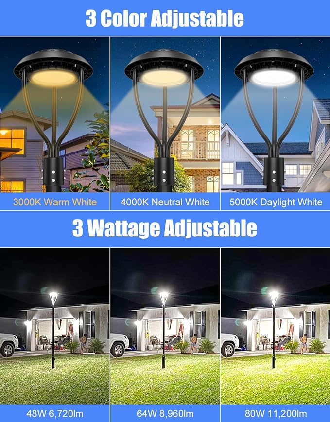 KUKUPPO 10Pack 80W LED Post Top Light ETL Listed 11200Lm Adjustable CCT 3000K/4000K/5000K, Adjustable Wattage 80W/64W/48W Outdoor Pole Light Fixture with Photocell IP65 Waterproof AC100-277V
