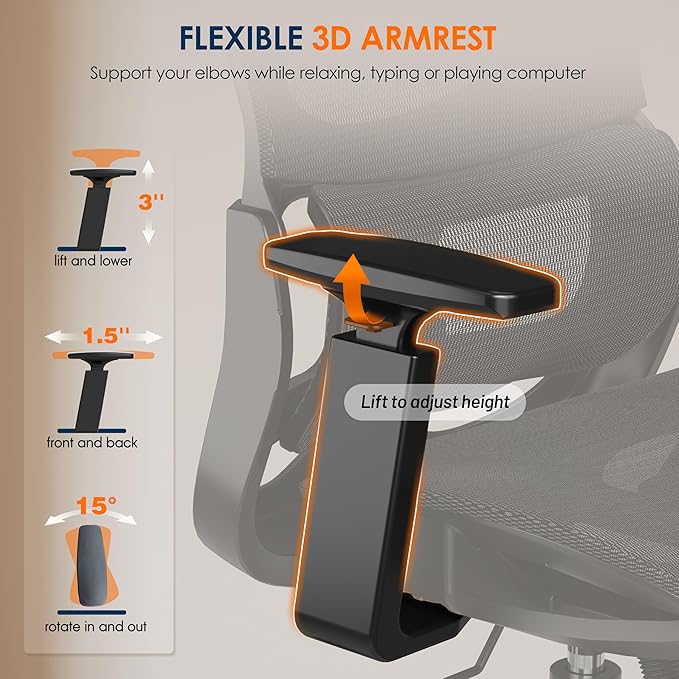 GABRYLLY Ergonomic Office Chair, High-Back Desk Chairs with Adjustable Lumbar Support, Headrest, Tilt Function, Soft Wide Seat and 3D Armrest, 300 LBS Sturdy Home Mesh Chair Task Chairs, GY1070
