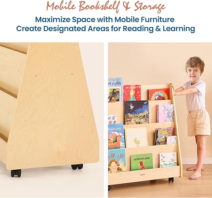Kids Bookshelf for Toddlers and Babies, Double-Sided Wooden Montessori Bookshelf for Kids Room, Baby Book Shelf with Storage for Nursery, Classroom, Playroom