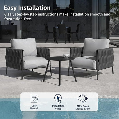 EAST OAK 3-Piece Patio Furniture Set | Armchairs & Coffee Table | Outdoor Furniture with Cushions | Deep Seating Modern Conversation Set | Garden, Porch, Balcony & Backyard | Misty Grey