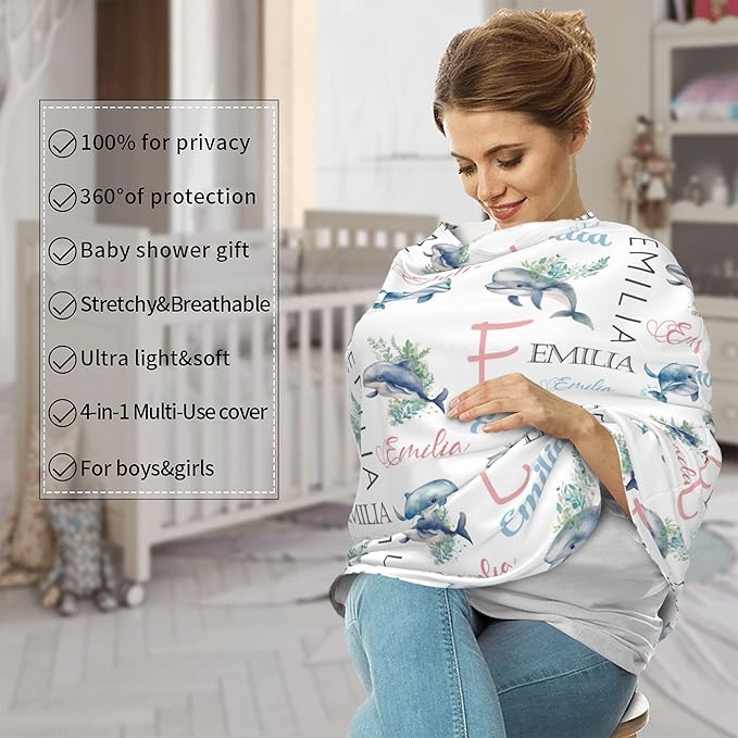 Personalized Baby Car Seat Cover with Name Stroller Canopy Custom Whale Carseat Cover Newborn Baby Boy Girl Nursing Cover for Moms First Birthday Gift