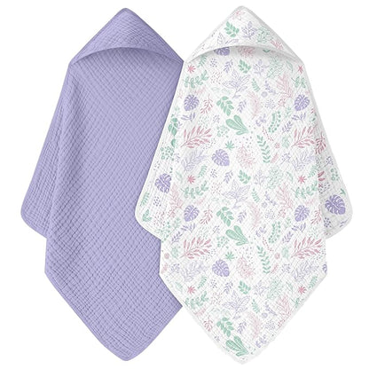 Baby Bath Towels, 100% Muslin Cotton Hooded Baby Towels for Newborn, 2 Pack Baby Towels with Hood for Infant Toddler and Kids, Large 32x32Inch, Soft and Absorbent