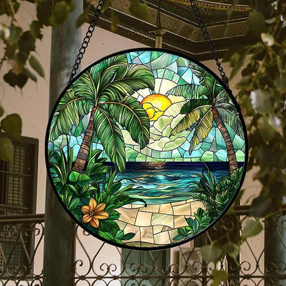 Stained Glass Window Hanging, Green Beach Scenery Suncatcher Diamond Glass Panel Hangings Sun Catchers Decor for Birthday for Women, Men, Wife, Aunt, and Mom 14.9x14.9 in