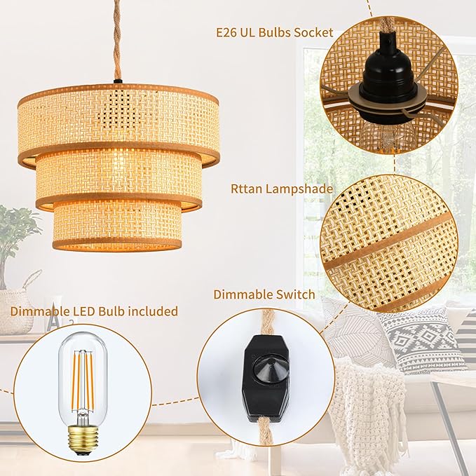 XININSUN Plug in Pendant Light Hanging Lights with15FT Plug in Cord Dimmable Rattan Hanging Lamp Wicker Woven Drum Lampshade,Rustic Boho Plug in Ceiling Light Fixture for Bedroom Living Room-1pack